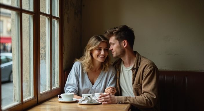 Ein Paar genießt einen ruhigen Moment in einem gemütlichen Café. Ein Paar genießt einen ruhigen Moment in einem gemütlichen Café.