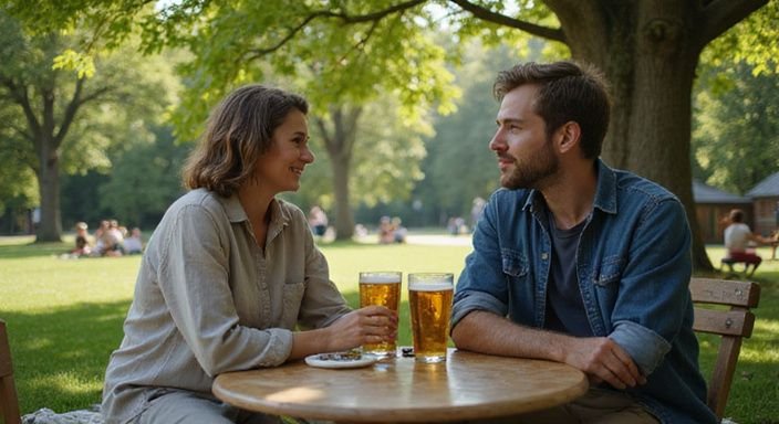 Ein Paar sitzt entspannt im Park auf einer Picknickdecke. Ein Paar sitzt entspannt im Park auf einer Picknickdecke.