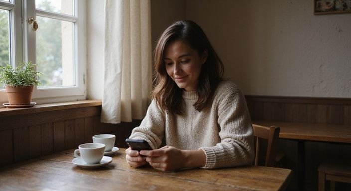 Eine Frau sitzt in einem Café und lächelt beim Telefonieren. Eine Frau sitzt in einem Café und lächelt beim Telefonieren.