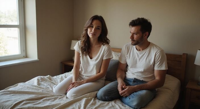 Ein Paar sitzt entspannt nebeneinander auf einem Bett. Ein Paar sitzt entspannt nebeneinander auf einem Bett und wollen Sexkontakte in Oberösterreich.