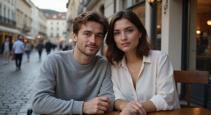 Ein Paar sitzt entspannt bei einem Café in Zürich