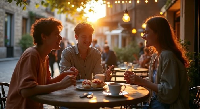 Eine Gruppe junger Erwachsener genießt Kaffee und Gebäck in einem Café