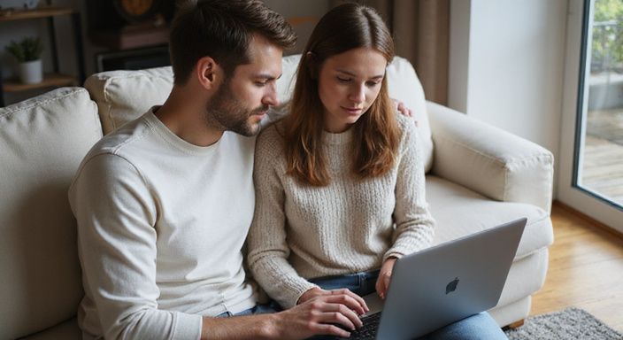 Ein Paar nutzt gemeinsam einen Laptop auf einem gemütlichen Sofa. Ein Paar nutzt gemeinsam einen Laptop auf einem gemütlichen Sofa.