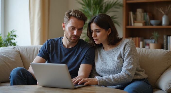 Ein Paar schaut auf einen Laptop mit Online-Anzeigen in Aargau. Ein Paar schaut auf einen Laptop mit Online-Anzeigen in Aargau.