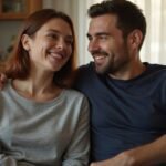 Ein lachendes Paar sitzt eng auf einer beigen Couch