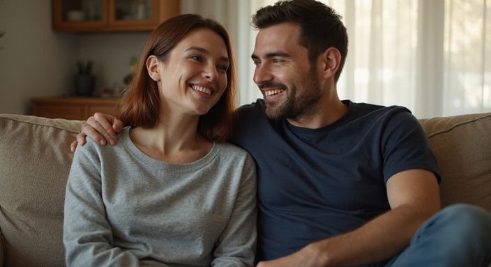 Ein lachendes Paar sitzt eng auf einer beigen Couch