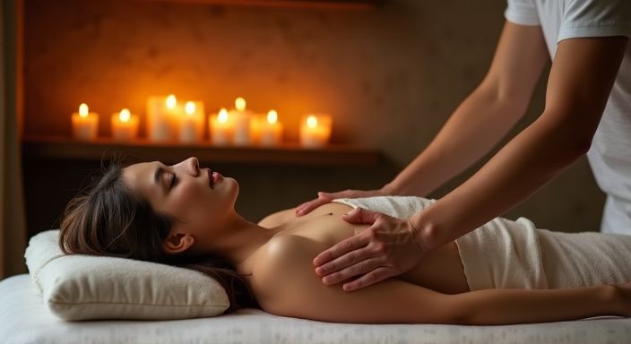 Eine entspannte Frau erhält eine wohltuende Thai-Massage in einem ruhigen Raum. Eine entspannte Frau erhält eine wohltuende Thai-Massage in einem ruhigen Raum.