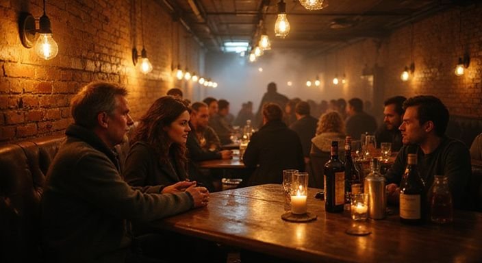 Ein gemütlicher, unterirdischer Bar mit lebhaften Gesprächen und rustikalem Charme.