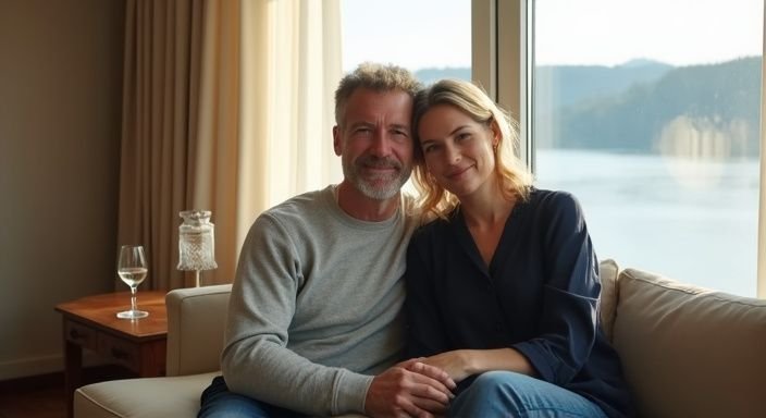 Ein Paar sitzt entspannt auf einem eleganten Sofa in einer Suite.