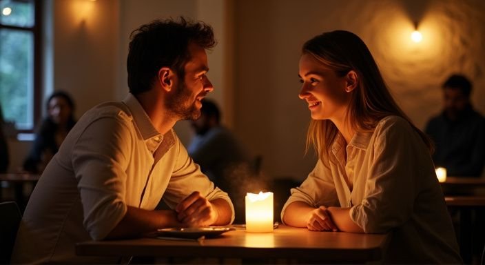Ein Paar genießt ein romantisches Abendessen in einem gemütlichen Restaurant.