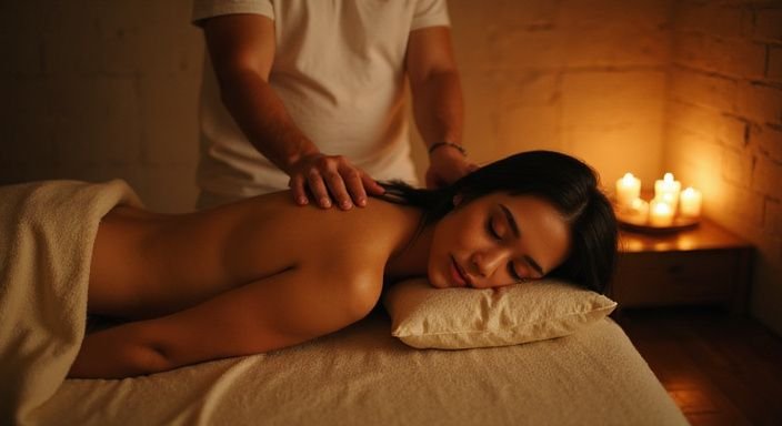 Eine Frau entspannt sich während einer Massage in einem ruhigen Raum.