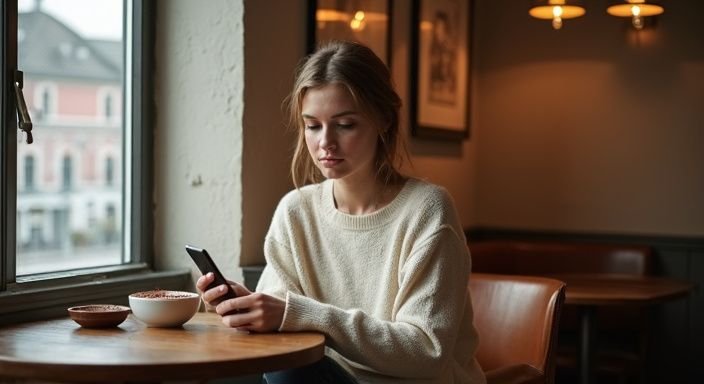 Junge Frau genießt Cappuccino und scrollt durch eine Dating-App für sexkontakt Luzern.