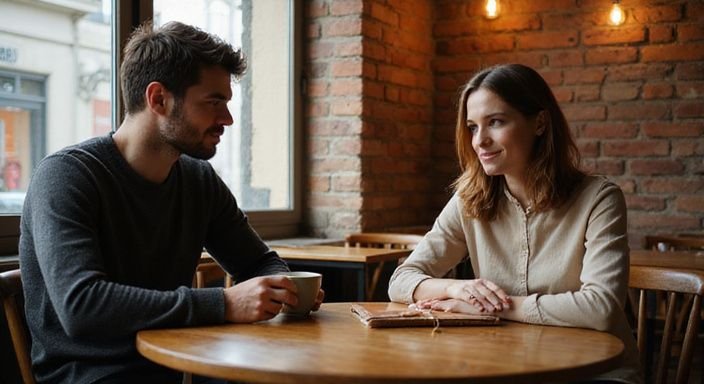 Ein gemütliches Kaffeehaus mit zwei angeregten Gesprächen.