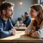 Ein Paar lächelt sich in einem gemütlichen Café an