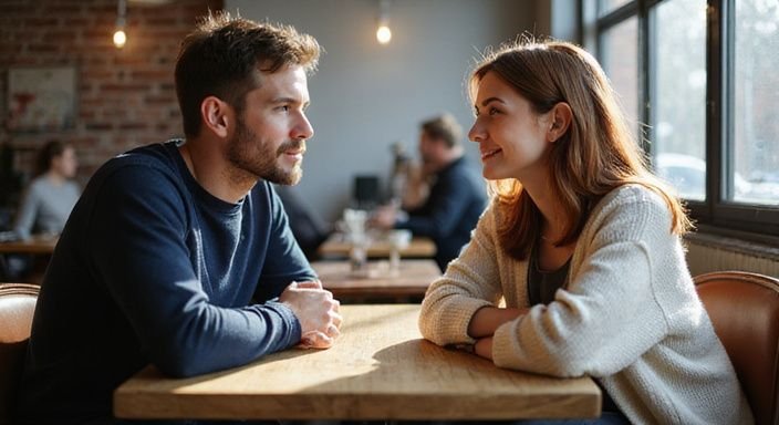 Ein Paar lächelt sich in einem gemütlichen Café an