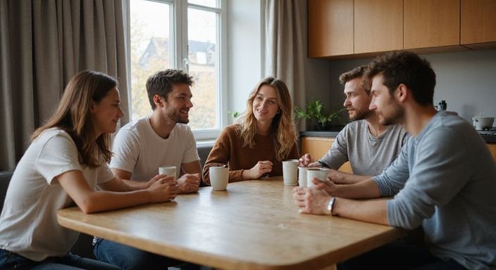 Eine Gruppe von fünf jungen Erwachsenen führt ein geselliges Gespräch.