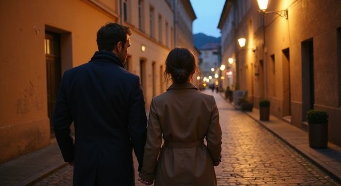 Ein Paar spaziert entspannt entlang einer gepflasterten Straße in München.