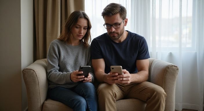 Ein Paar nutzt in einem minimalistischen Hotelzimmer gemeinsam ihre Smartphones und suche Sexkontakt in München.