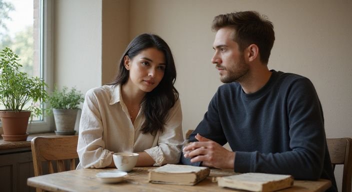 Ein junges Paar diskutiert intensiv über Sexkontakt München in einem gemütlichen Café.