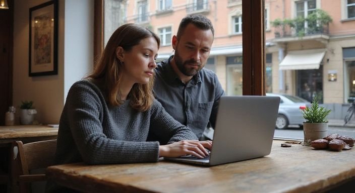Ein Paar arbeitet gemeinsam konzentriert an einem Laptop in einem Café.