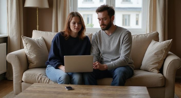 Ein Paar erkundet gemeinsam Dating-Websites auf einem Laptop.