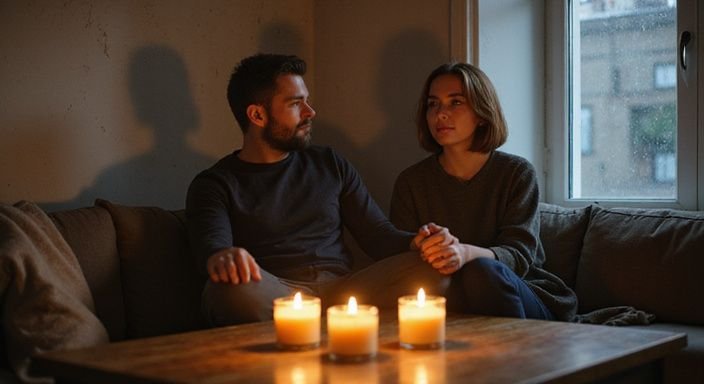 Ein Paar sitzt entspannt auf einer alten Couch in einem gemütlichen Raum.