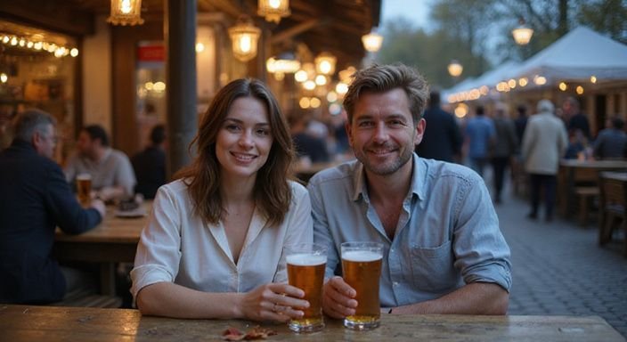 Ein Paar genießt ein entspanntes Gespräch über Sexkontakt München in einem Biergarten.
