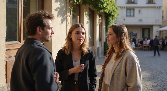 Eine Gruppe entspannter Erwachsener unterhält sich auf einer kopfsteingepflasterten Straße.