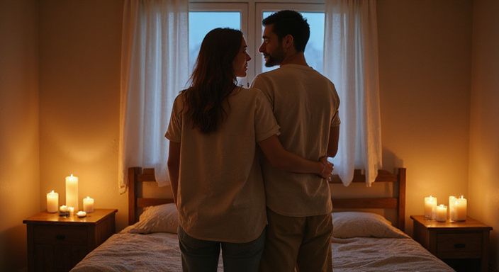 Ein Paar umarmt sich in einem gemütlichen Schlafzimmer.