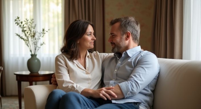 Ein mittelaltes Paar sitzt entspannt auf einem eleganten Sofa und wollen sexkontakt in Sankt Gallen.