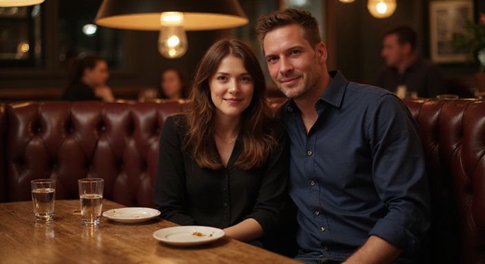 Ein Paar sitzt nah beieinander in einem gemütlichen Restaurant.