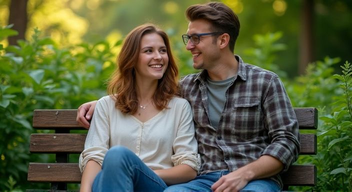 Ein junges Paar sitzt eng umschlungen auf einer Parkbank.