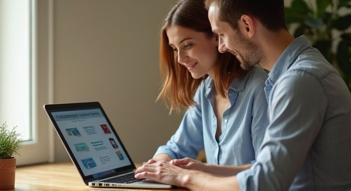 Ein Paar diskutiert gemeinsam über Gesundheit und Sicherheit am Laptop.