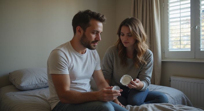 Tipps sicheren Sex Ein Paar diskutiert entspannt über Safer Sex im Schlafzimmer.