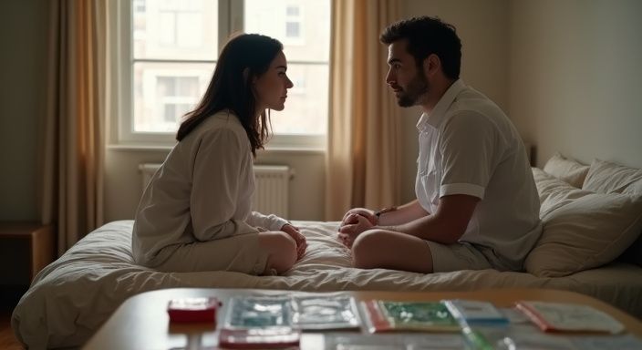 Ein Paar diskutiert ernsthaft über sexuelle Gesundheit im Schlafzimmer.