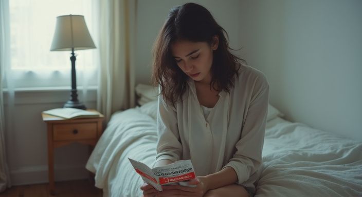 Junge Frau sitzt betroffen auf dem Bett, pamphlet in der Hand.