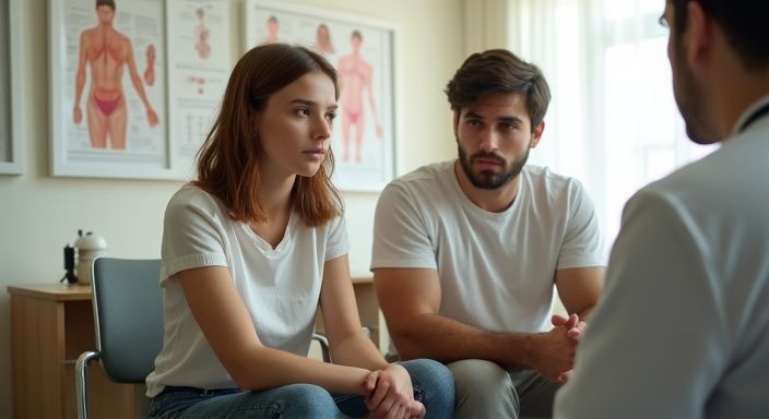 Ein junges Paar diskutiert besorgt über sexuelle Gesundheit im Arztbüro.