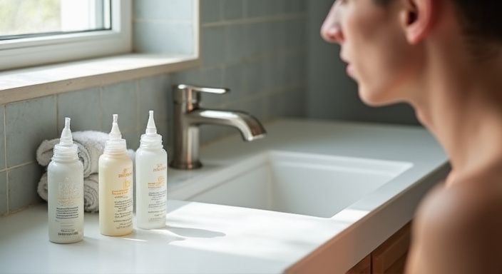 Ein Badezimmer mit sicherheitsbewussten Produkten auf einem eleganten Waschtisch.