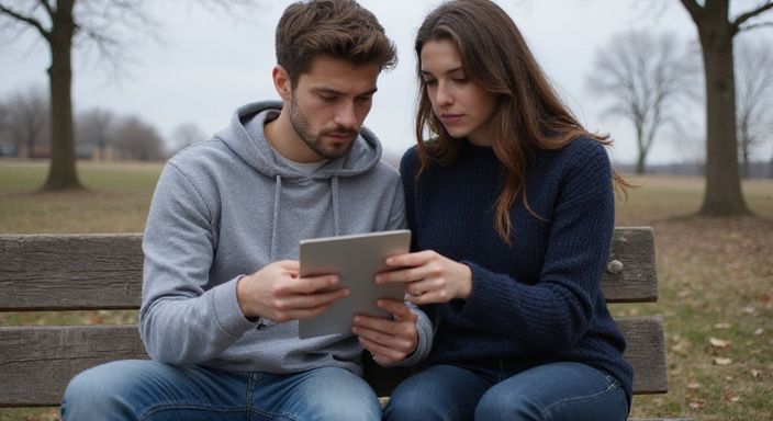 Ein junges Paar studiert besorgt einen Informationsflyer über sexuell übertragbare Infektionen.