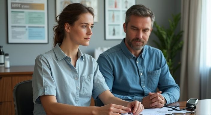 Ein Paar in einer modernen Arztpraxis diskutiert Impfungen.
