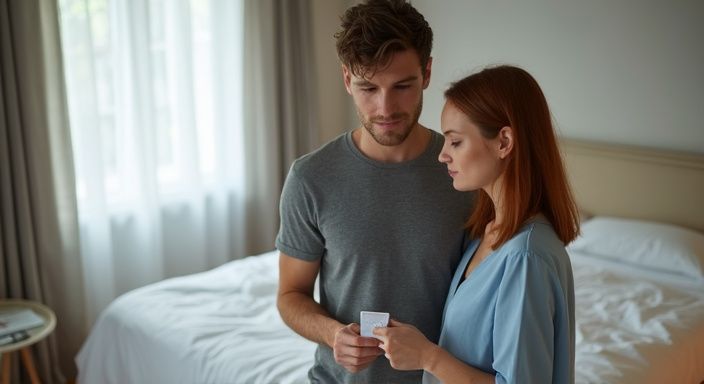 Ein Paar steht nah beieinander und hält ein Kondom.