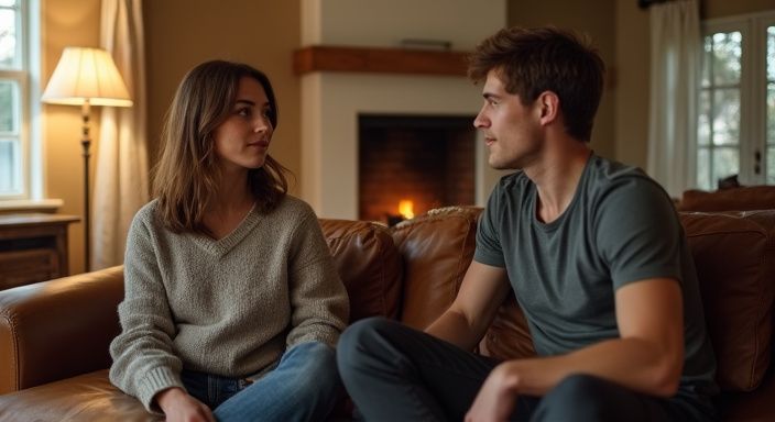 Ein junges Paar führt ein entspanntes Gespräch im Wohnzimmer.