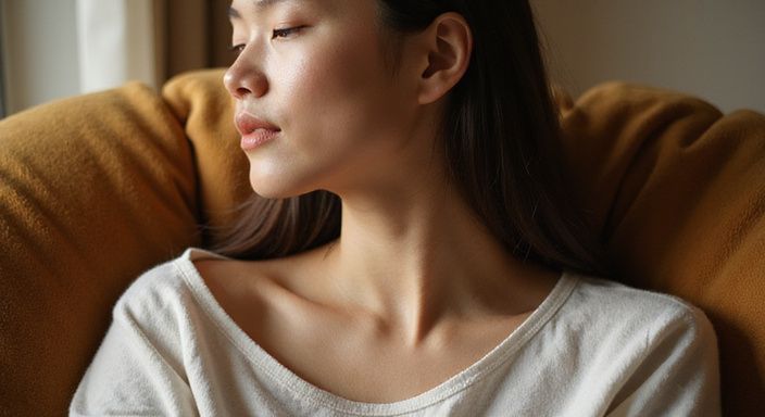 Eine Person sitzt entspannt auf einem Sofa in einem ruhigen Raum.