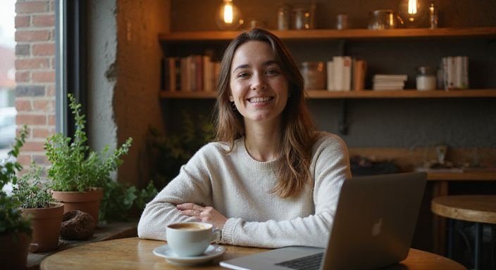 Eine Frau sitzt in einem gemütlichen Café am Tisch und lächelt