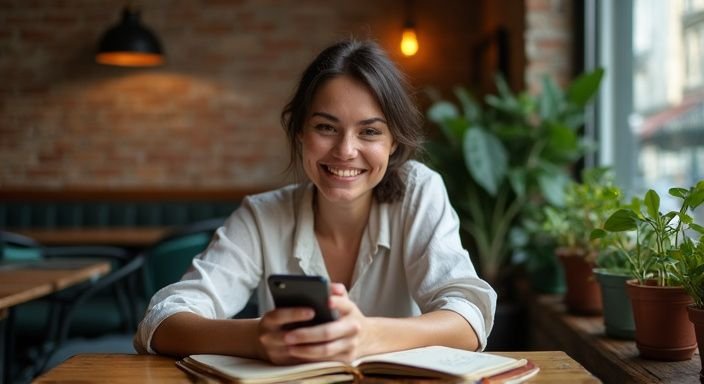 Eine Frau lächelt entspannt an einem Tisch in einem Café