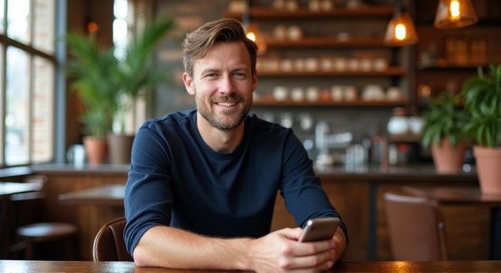 Ein lächelnder Mann sitzt in einem gemütlichen Café am Tisch