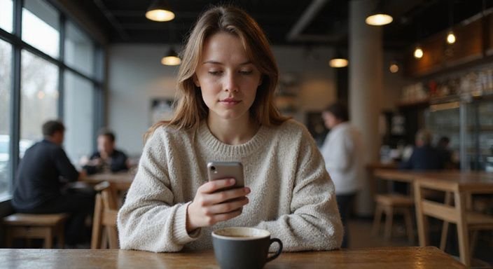 Eine Frau sitzt in einem Café und nutzt ihr Smartphone