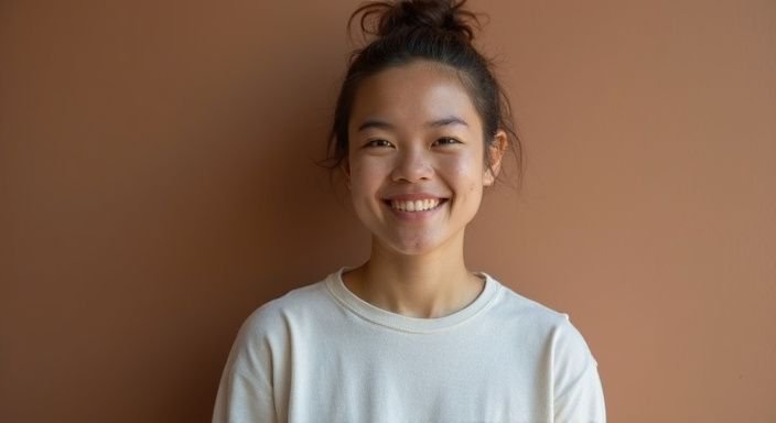 Eine Person mit natürlichem Lächeln und lässigem Outfit vor neutralem Hintergrund