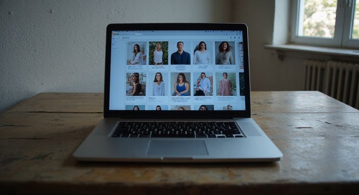 Ein Laptop zeigt eine Dating-App-Oberfläche auf einem Holztisch.