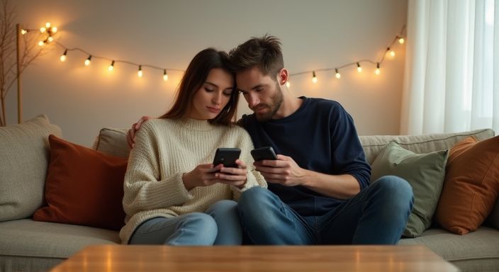 Vorteile Online-Dating: Ein Paar sitzt eng auf einer Couch und benutzt Smartphones.